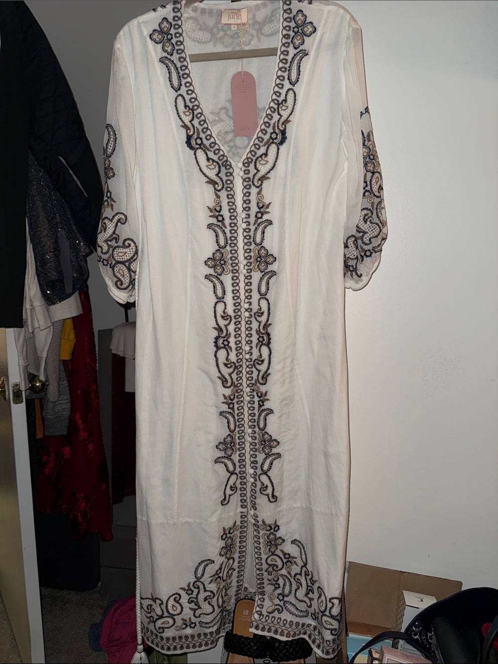 Embroidered White Maxi Dress with Navy & Tan Accents by J. Crew